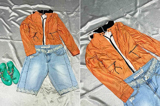 Set đồ dã ngoại năng động: Áo khoác cam & Quần lửng jean phối ren
