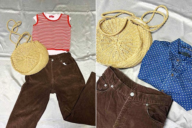 Thanh lý/Cho thuê set đồ vintage: Quần nhung tăm, áo gile, sơ mi và túi cói